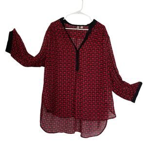 Tacera Women Plus 3XL Sheer Tunic Blouse Red & Black Geometric Print Long Sleeve